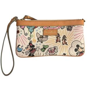 •EUC Dooney & Bourke Disney Sketch Coated Cotton Wristlet Tan Leather Trim